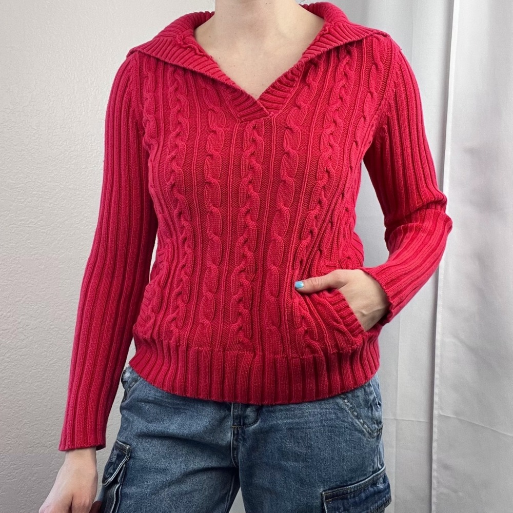 Vintage Y2K Sweater Womens Medium‎ Red Cable Knit Cotton Old Money Academia